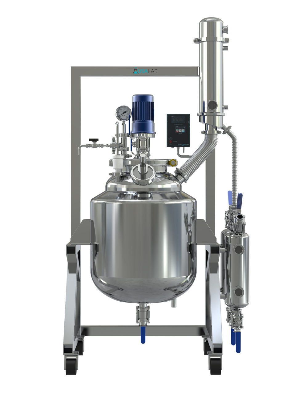 What is the price of the USA Lab Dual-Jacketed 100L 316L-Grade without the condenser and collections vessels? How many hp is the stirrer? Do you have 1 in stock ready to ship?